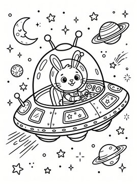 Coloring page, cute bunny driving a UFO in space.