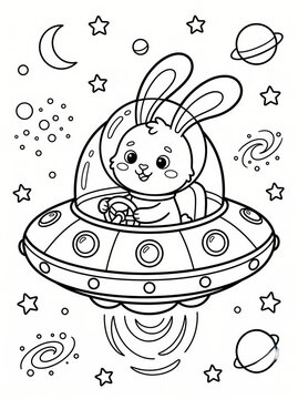 Coloring page, cute bunny driving a UFO in space.