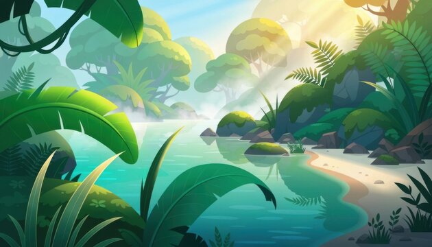 Exotic jungle river scene surrounded by tropical plants and sunlight