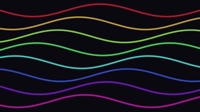 Vibrant rainbow wavy lines motion background: abstract colorful flowing curves animation 4k