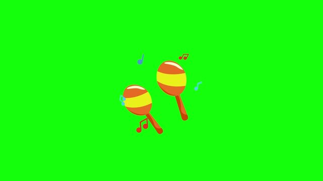 Two colorful orange and yellow striped maracas are centered on a solid bright lime green background in vibrant cartoon vector style.