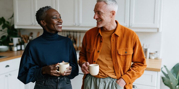 Smiling senior couple sharing coffee in a contemporary kitchen for lifestyle banner background and casual morning design
