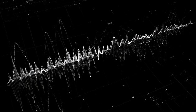 A white wavy line traverses a black background with scattered white specks