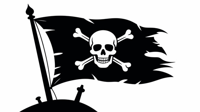 Tattered pirate flag with skull and crossbones waving on a pole
