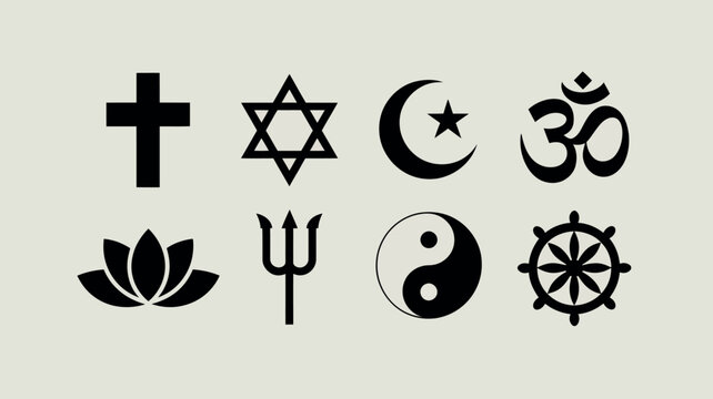 Collection of diverse religious symbols in black silhouette on a neutral background