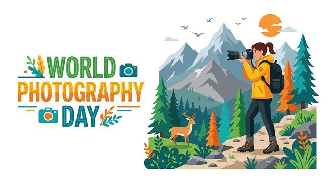 World photography day illustration female photographer in mountain landscape