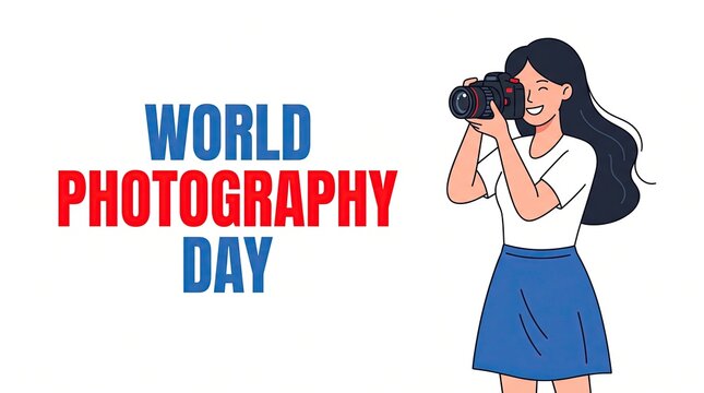 World photography day illustration female photographer with camera august 19th