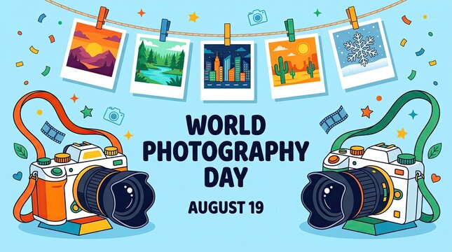 World photography day illustration cameras prints august 19th celebration