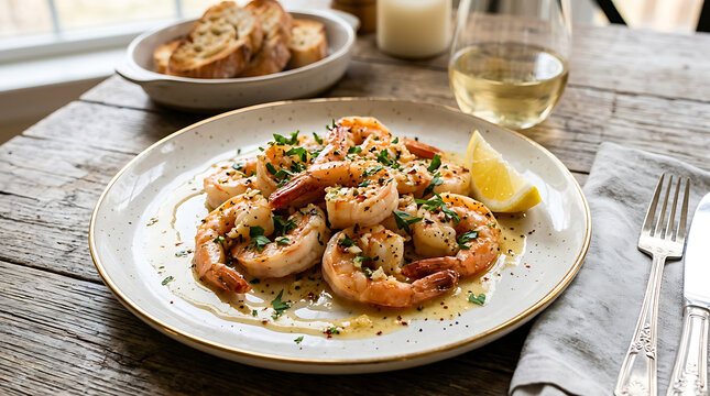 Delicious garlic shrimp scampi served on a ceramic plate with fresh parsley garnish a bright lemon wedge and seasoned butter sauce on a rustic wooden table