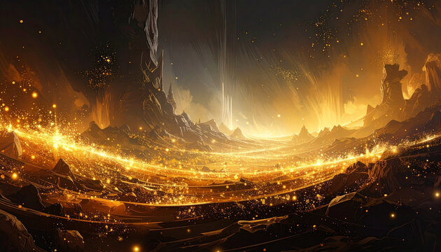 Futuristic golden landscape with glowing particles and mountain formations =
