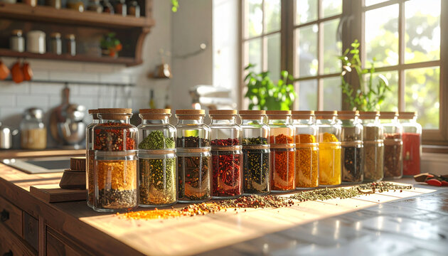 Glass spice jars filled with various colorful spices in a kitchen
