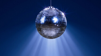 Obraz premium A dark blue discoball hangs, reflecting light onto a futuristic dusk background. This elegant bauble creates a premium party atmosphere with its shimmering surface.