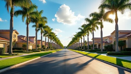 Fototapeta premium Suburban street lined with palm trees and beautiful houses. Rich green lawns and tidy yards create a peaceful, welcoming neighborhood. The sunny day offers a clear blue sky with scattered clouds.