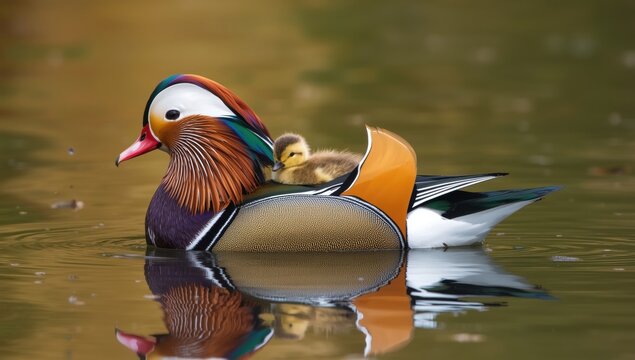 Male mandarin duck swimming in a calm pond with a tiny duckling resting safely on its colorful back