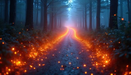 Fototapeta premium Winding road in dark mystical forest glows with orange light. Magical trail between tall pine trees illuminates night woods with firefly sparks. Dreamy nature scene creates fantasy atmosphere for
