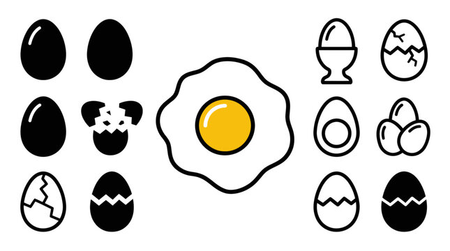 Various egg icons featuring fried, boiled, and shell variations.