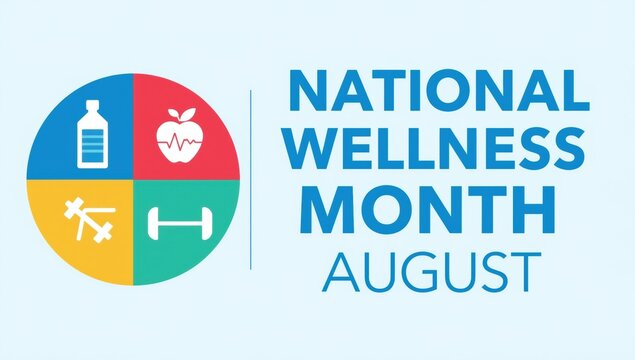 National wellness month august concept with four quadrant circle featuring fitness and nutrition