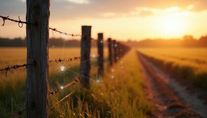 Fototapeta premium Old wooden farm fence stretches across rural field at sunset. Glowing digital icons hover near barbed wire representing smart agriculture network systems. Modern agritech sensors connect data points