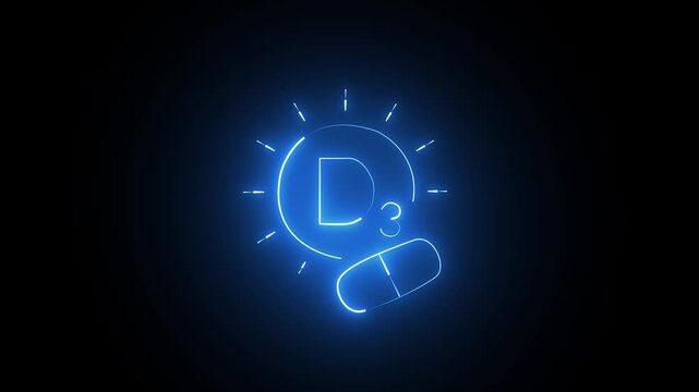 Glowing neon blue vitamin d3 symbol with a pill capsule icon on a dark background