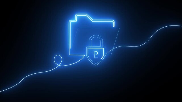 Neon glowing blue folder icon with a padlock representing secure digital data protection