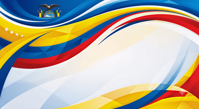 Fondo con colores de la bandera y escudo del Ecuador con elementos geom&eacute;tricos