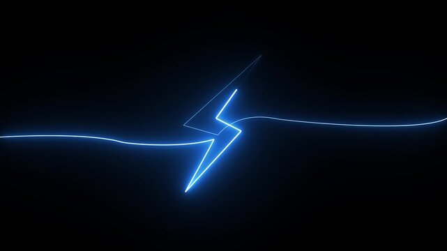 Glowing blue lightning bolt symbol made of neon light lines on a dark black background