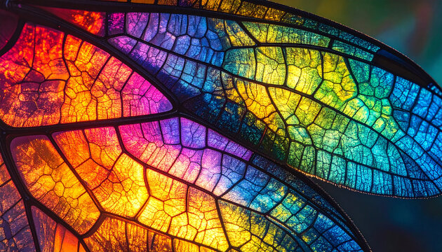 Close-up macro view of vibrant iridescent dragonfly wing with stained glass effect