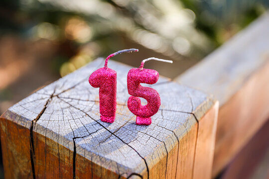 Pink glitter number candles for fifteen years birthday cake topper celebration decor