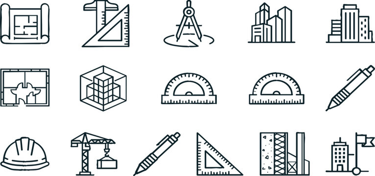 Civil engineering construction and architectural drawing line icon set featuring skyscraper blueprint compass protractor drafting tools and crane symbols