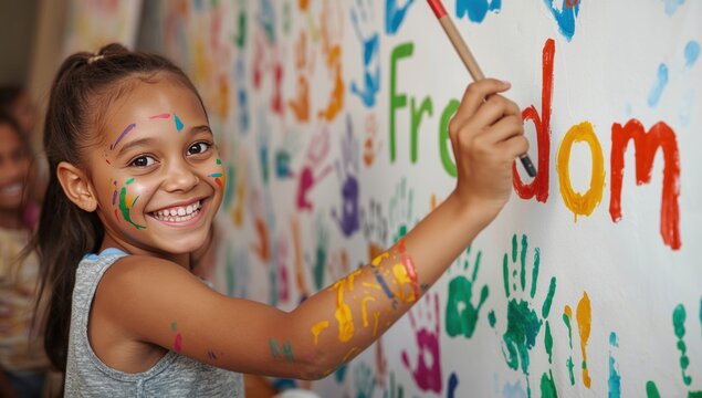 Smiling young girl painting the word freedom on a white wall covered with colorful handprints in an
