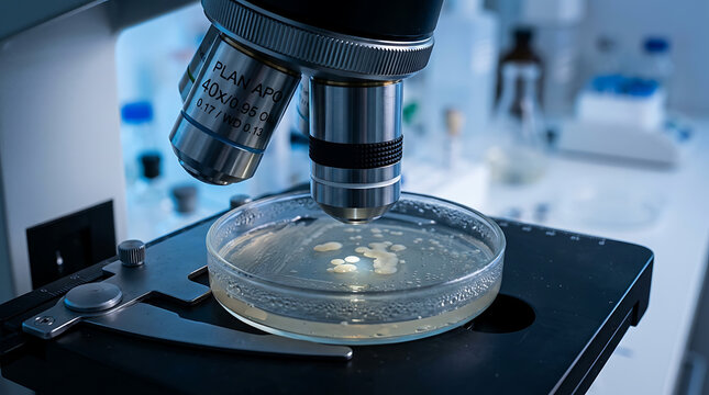 Close-up view of microscope examining petri dish on laboratory desk with various science equipment