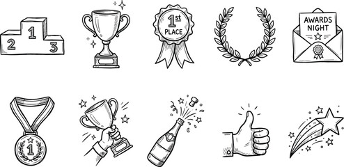 Award ceremony and success achievement vector line art icon set featuring trophy podium medal laurel wreath champagne and shooting star symbols © Noyon