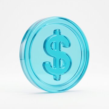 3D Glass Dollar Coin Icon, Translucent Blue USD Money Symbol Isolated on White Background
