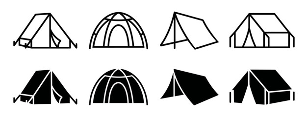 Set of black camping tent icons in outline and silhouette style for outdoor travel and hiking © king