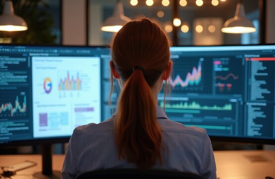 Woman analyzes charts and data on dual computer monitors. Female analyst works with finance reports and business analytics in office. She reviews graphs and statistics for company growth.