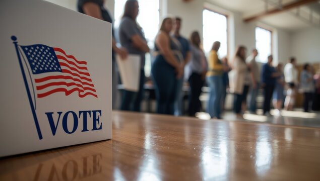 Us election ballot box with american flag symbol and blurred people waiting in line at a polling station interior