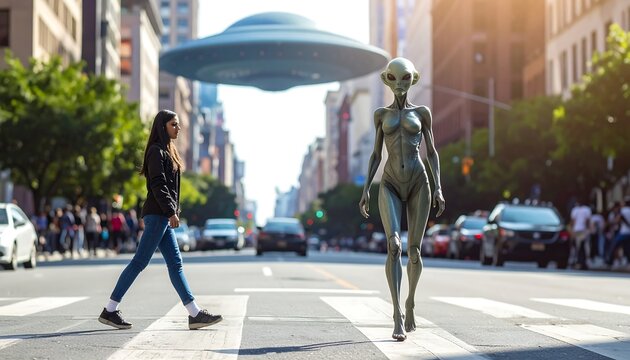 A woman crosses the street as an alien passes by on a sunny city day