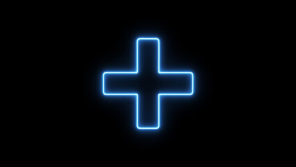 Glowing blue neon plus sign symbol isolated on a solid black background for digital interface and web communication concepts © “PIXORA”