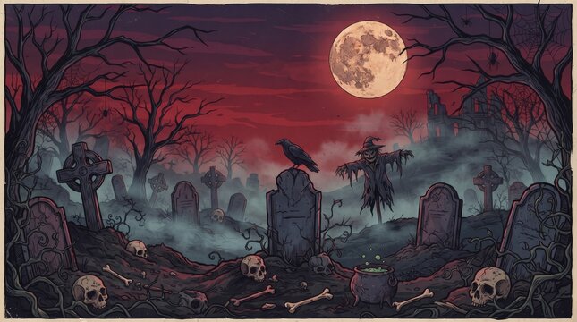 Scary halloween graveyard with spooky scarecrow black raven on tombstone skulls bones and witch cauldron under red full moon vector illustration