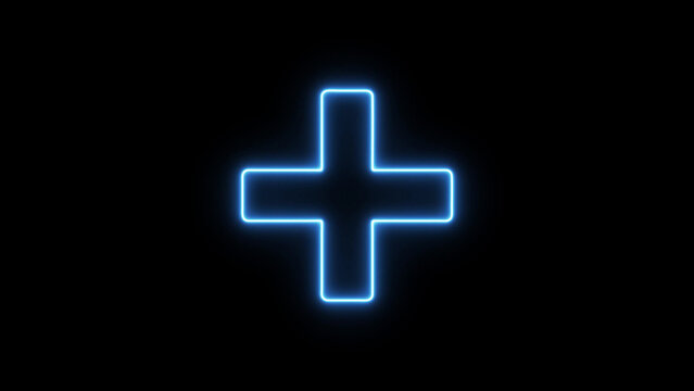 Glowing blue neon plus sign symbol isolated on a solid black background for digital interface and web communication concepts