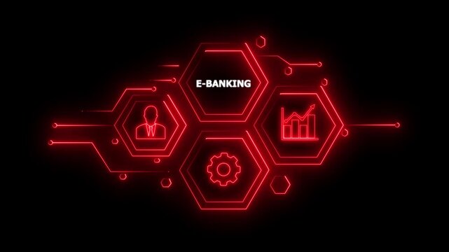 Abstract neon Hud knowledge ability business gear icon Glowing neon line concept. Glowing " E-BANKING" button in German on a futuristic,abstract wave technology on black background. 4K animation video