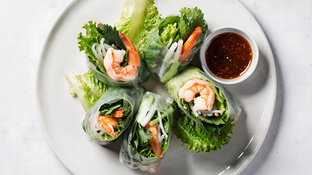  Vietnamese spring rolls (gỏi cuốn) on a plate, fresh and colorful, with herbs, shrimp, and dipping sauce, styled like a BBC Food photography shoot, bright natural lighting, overhead shot