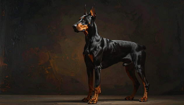 Doberman Pinscher dog standing profile dark moody studio portrait
