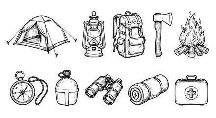 camping vector set, outdoor survival kit, black white camping icons, tent lantern backpack axe, campfire binoculars compass, hiking equipment line art, adventure gear illustration, wilderness tools cl © Tanbin