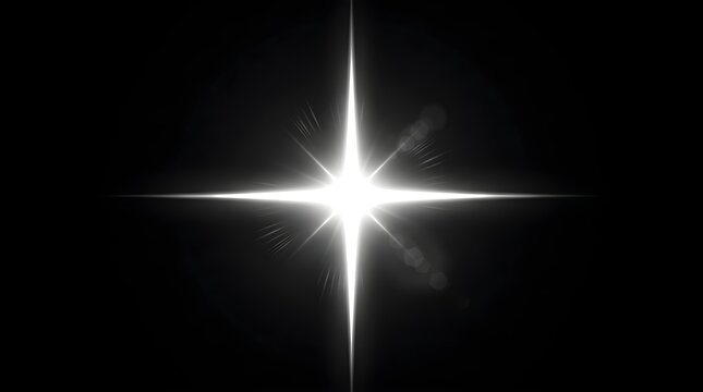 Luminous white star flare on black background, bright cinematic lens flare with four-pointed light rays, glowing celestial starburst effect