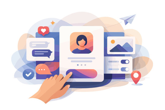 User interface design with profile, chat, and image elements on a screen
