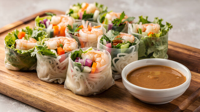 Vietnamese spring rolls goi cuon, fresh rice paper rolls filled with shrimp, vermicelli noodles, lettuce, herbs, and vegetables, served with peanut dipping sauce