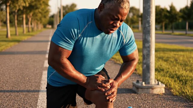 Athletic man experiences knee pain during outdoor run in park. Runner holds injured knee on path at sunset. Man stops running due to knee injury. Athletic runner with knee pain outdoors.