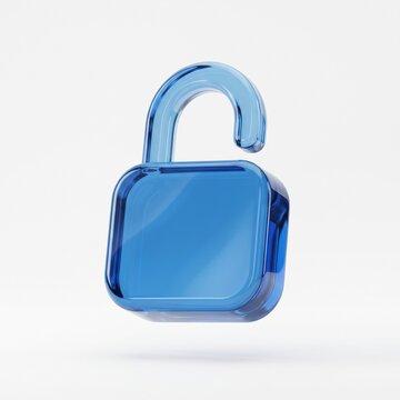 3D Render of an Open Glass Lock Icon, Transparent Blue Security Symbol