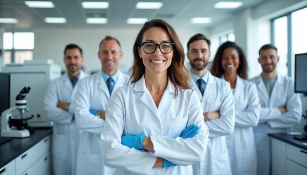 Diverse group of pro scientists standing in modern clinical laboratory. Female lead researcher wears glasses, lab coat with blue gloves smiles at camera. Colleagues work together on medical biotech